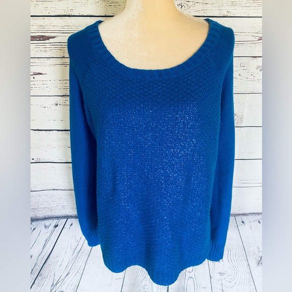 Women’s XL Sweater ANA Blue Glittered Medium Weight Knit Zipper Back U Neck Soft - Picture 2 of 11